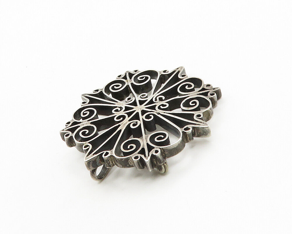 DESIGNER 925 Silver  Vintage Dark Tone Swirl Flower Motif Brooch Pin  BP7772