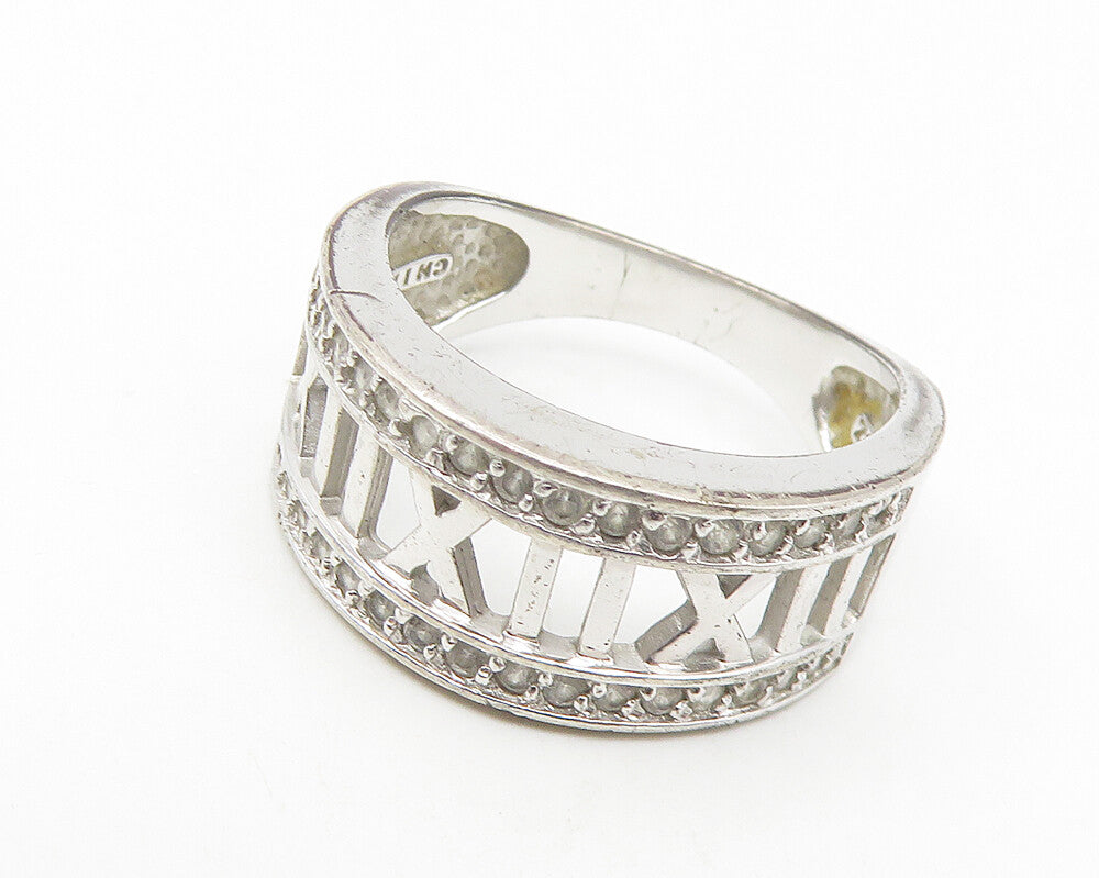 925 Sterling Silver  Vintage Topaz Roman Numerals Band Ring Sz 6  RG11128