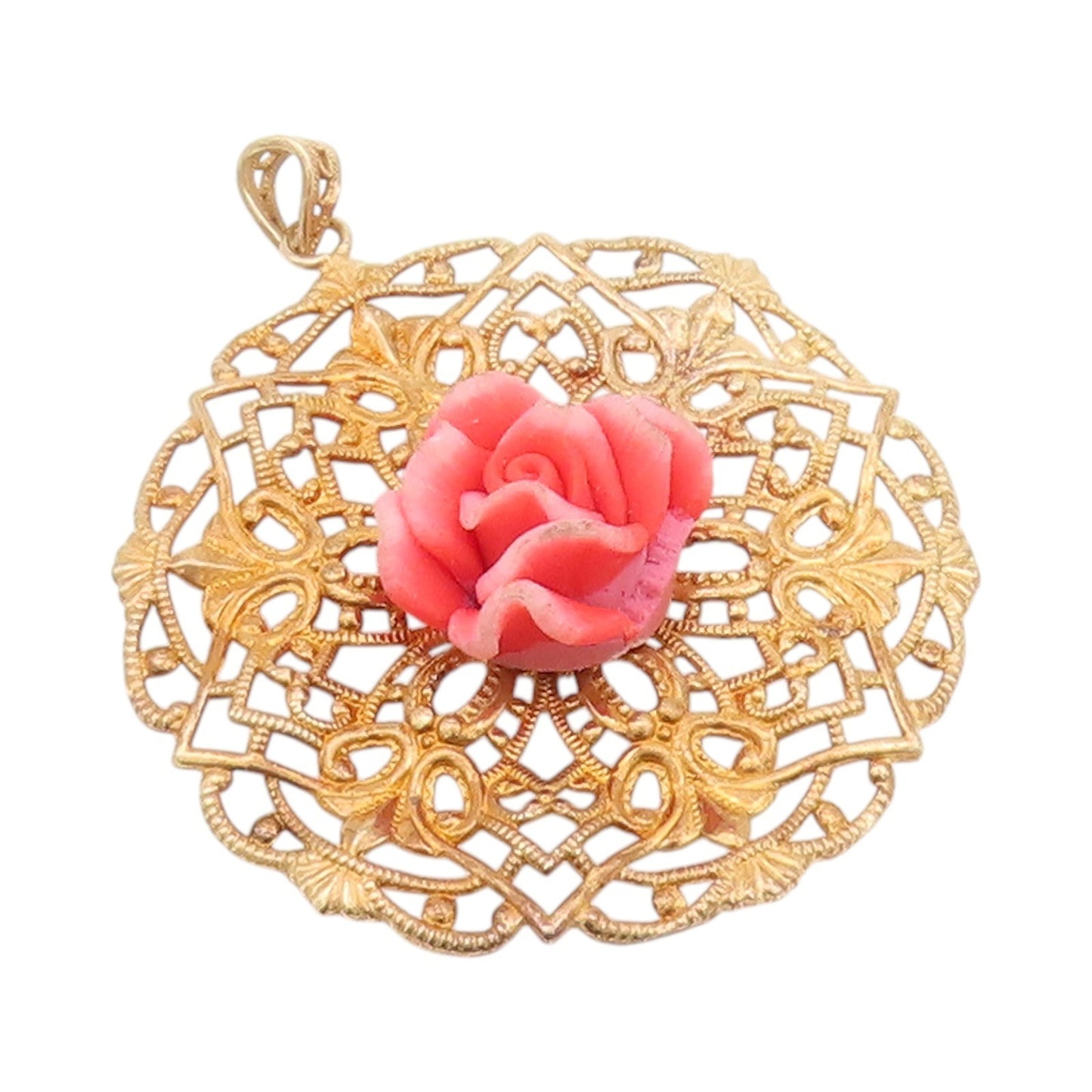 925 Sterling Silver Vintage Pendant Gold Plated Gemstone Rose Floral Cut PT24248