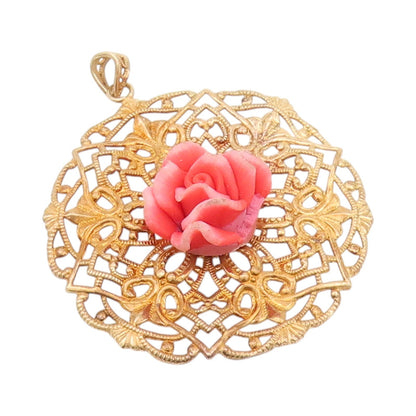 925 Sterling Silver Vintage Pendant Gold Plated Gemstone Rose Floral Cut PT24248