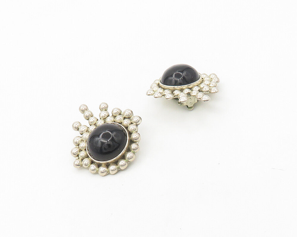 MEXICO 925 Sterling Silver  Vintage Black Onyx Non Pierce Earrings  EG9237