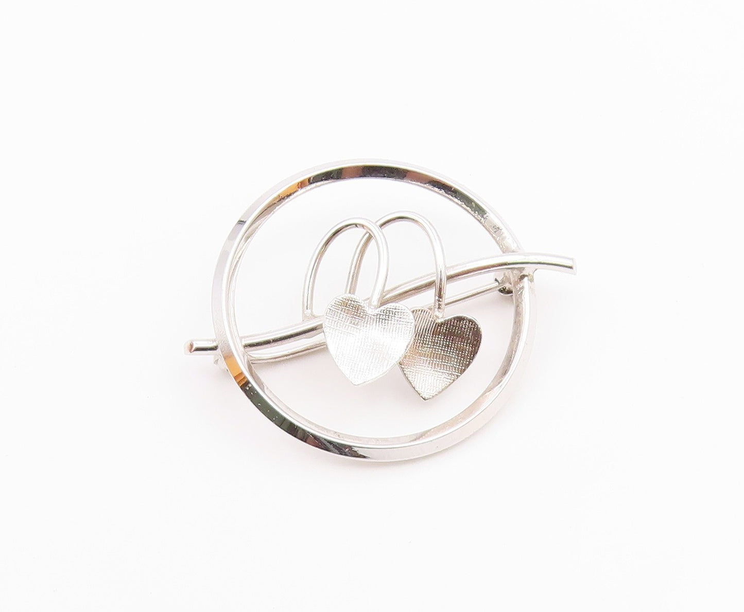 925 Sterling Silver  Vintage Shiny Double Love Hearts Round Brooch Pin  BP8600