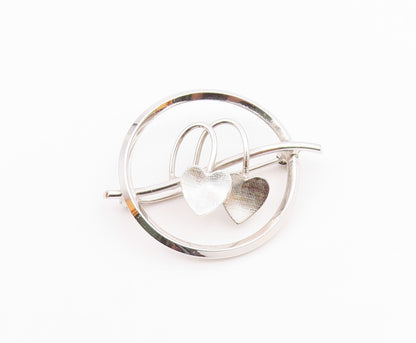 925 Sterling Silver  Vintage Shiny Double Love Hearts Round Brooch Pin  BP8600