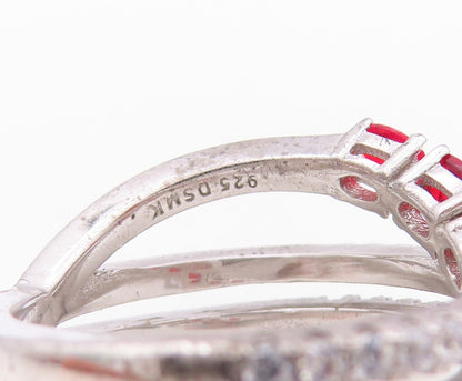 925 Sterling Silver Vintage Ring Designer Cutout Garnet & CZ Bands Sz 7  RG30399