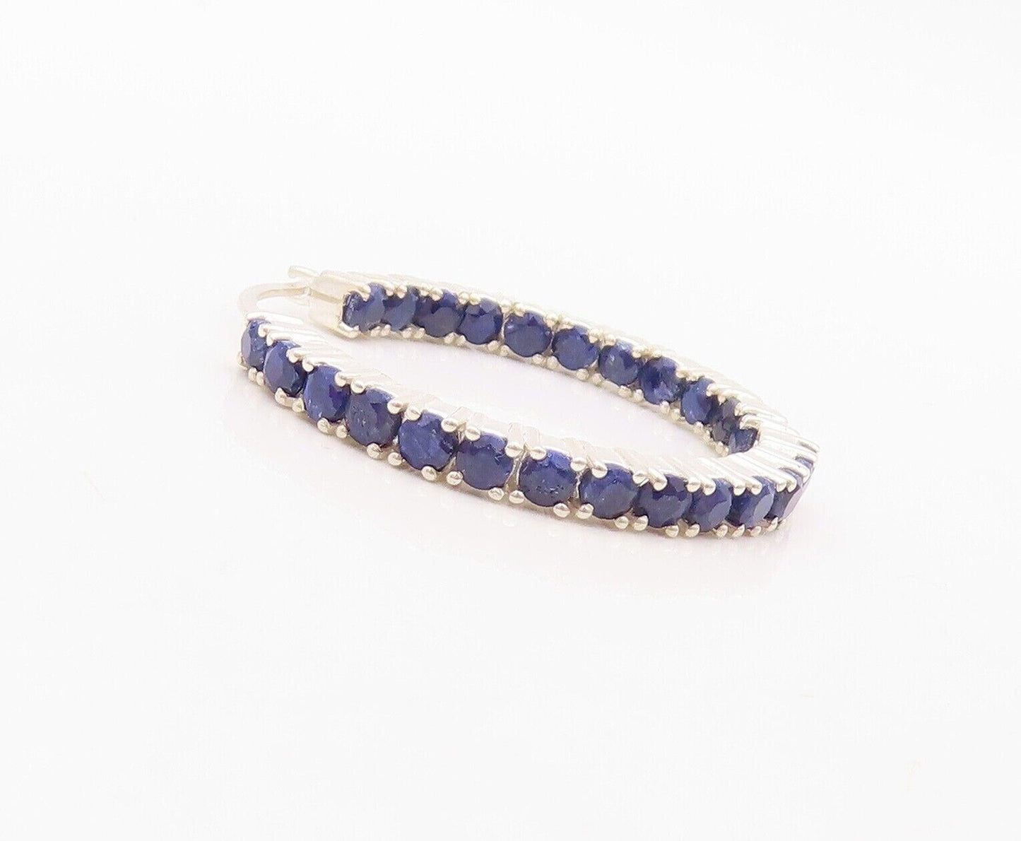 925 Sterling Silver Vintage Earrings Minimalist Sapphire Inlay Hoops  EG13155