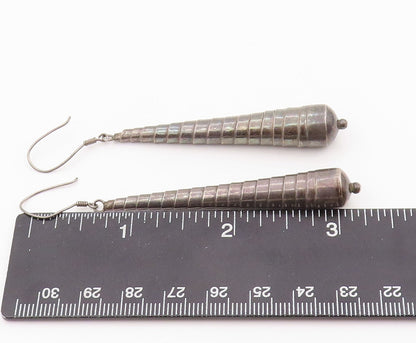 925 Sterling Silver Vintage Earrings Dark Tone Spiral Carved Drop Stick  EG13365