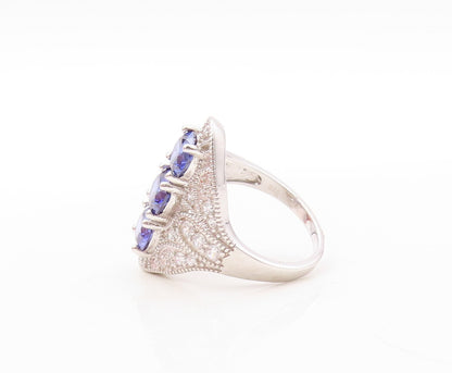 925 Sterling Silver Vintage Ring Bead Carved Sapphire & CZ Inlay  Sz 7  RG30942