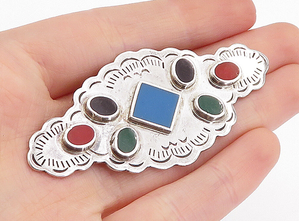 MEXICO 925 Sterling Silver Vintage Multi Gemstone Etched Brooch Pin BP1563