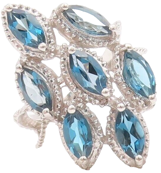 925 Sterling Silver Vintage Ring Marquise Cut Blue London Topaz  Sz 7.5 RG29620