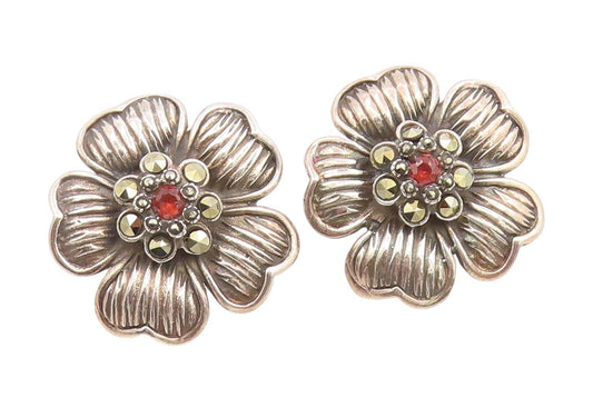 925 Sterling Silver Vintage Earrings Garnet & Marcasite Floral Studs  EG14101