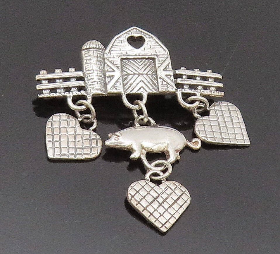 925 Sterling Silver  Vintage Dangling Pig, Heart Farm Life Brooch Pin  BP10331