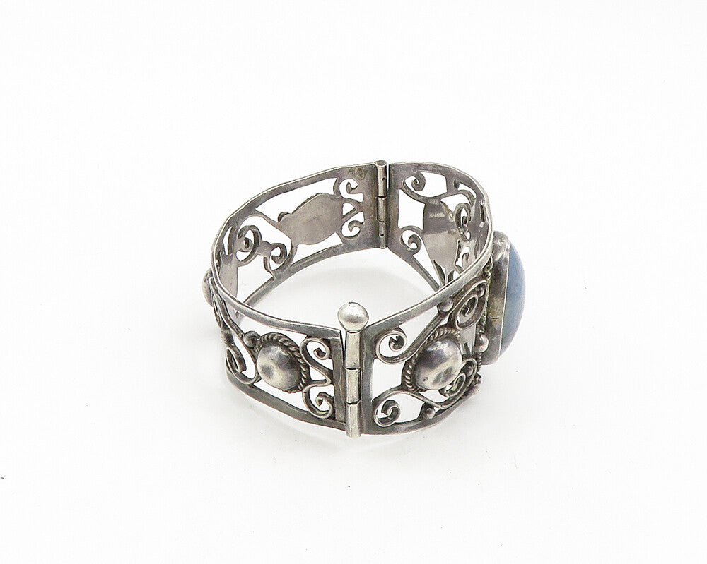 MEXICO 925 Silver  Vintage Blue Agate Baroque Swirl Bangle Bracelet  BT7518