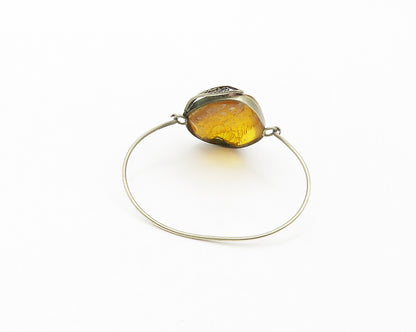 925 Sterling Silver  Vintage Amber Floral Leaf Hook Bangle Bracelet  BT6748