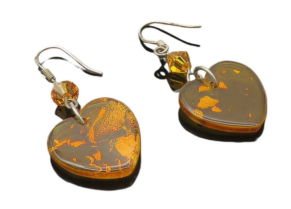 925 Sterling Silver  Vintage Amber Love Heart Motif Dangle Earrings  EG5621