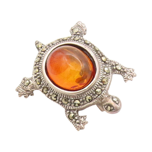 925 Sterling Silver Vintage Brooch Amber & Marcasite Sea Turtle Charm  BP11841