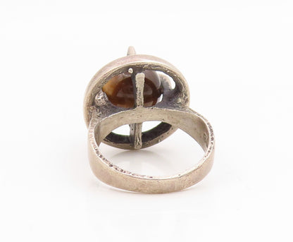 925 Sterling Silver Vintage Ring Round Tiger's Eye Modernist Band  Sz 6  RG34872