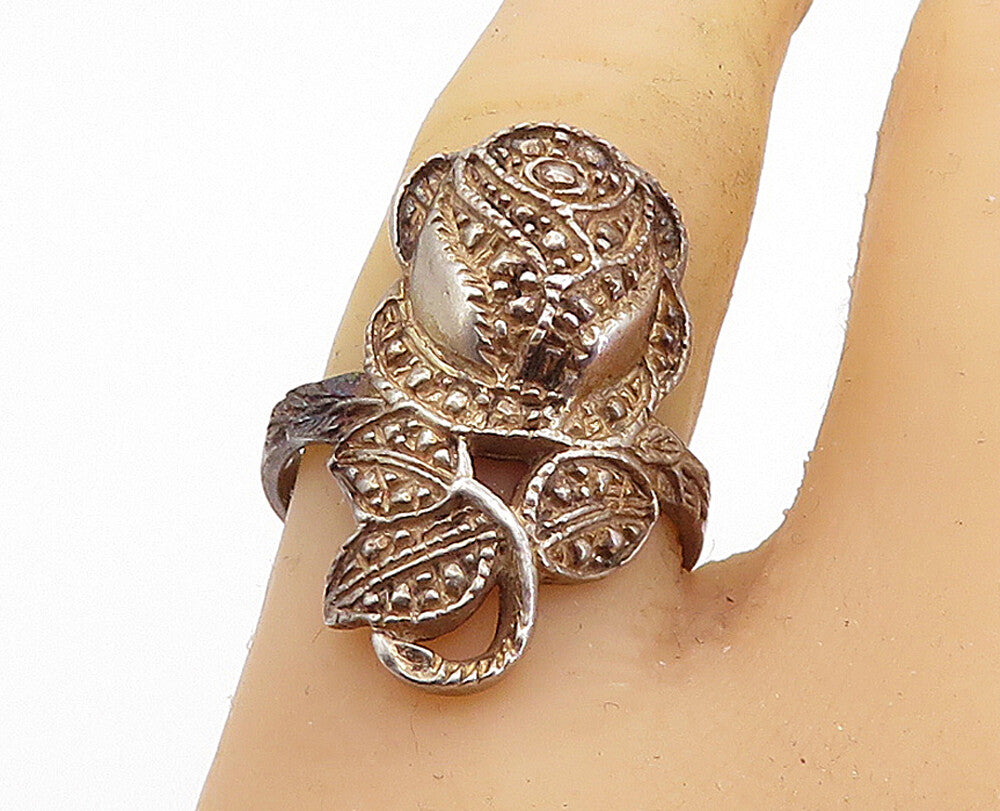925 Sterling Silver  Vintage Dark Tone Rose Flower Motif Band Ring Sz 8 RG7097