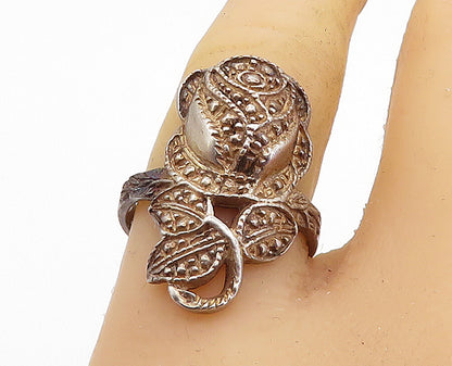 925 Sterling Silver  Vintage Dark Tone Rose Flower Motif Band Ring Sz 8 RG7097