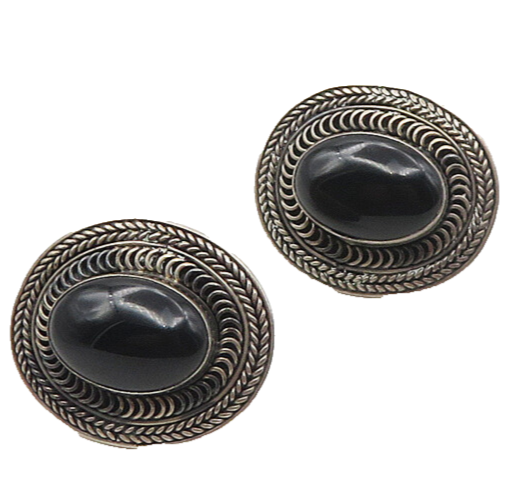 925 Sterling Silver  Vintage Cabochon Black Onyx Wheat Drop Earrings  EG8881