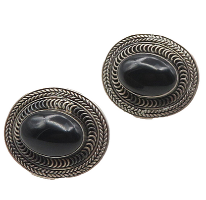 925 Sterling Silver  Vintage Cabochon Black Onyx Wheat Drop Earrings  EG8881