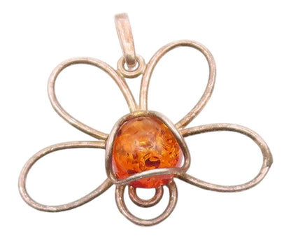 925 Sterling Silver  Vintage Cabochon Cut Amber Butterfly Pendant  PT15648