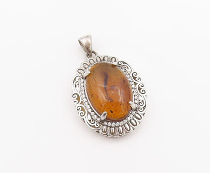 925 Sterling Silver Vintage Pendant Cabochon Honey Amber Halo CZ Locket  PT25490