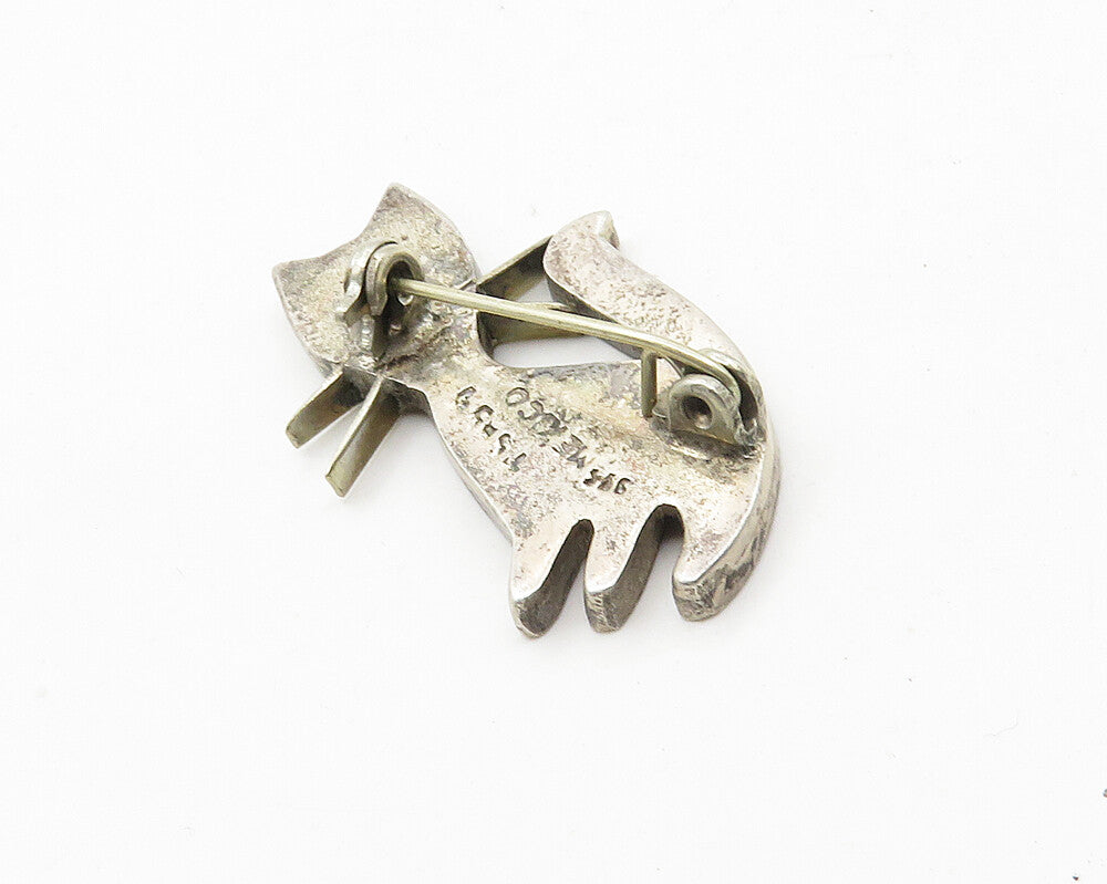 MEXICO 925 Sterling Silver  Vintage Inlaid Black Onyx Cat Brooch Pin  BP3970