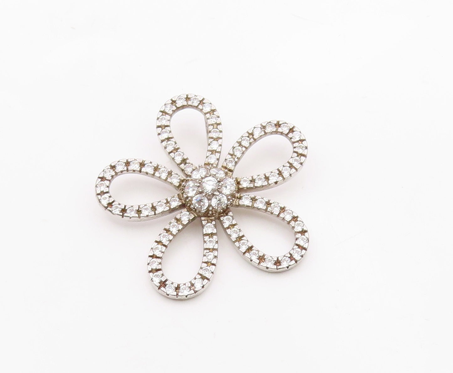 925 Sterling Silver Vintage Sparkly Cubic Zirconia Open Flower Pendant PT21909