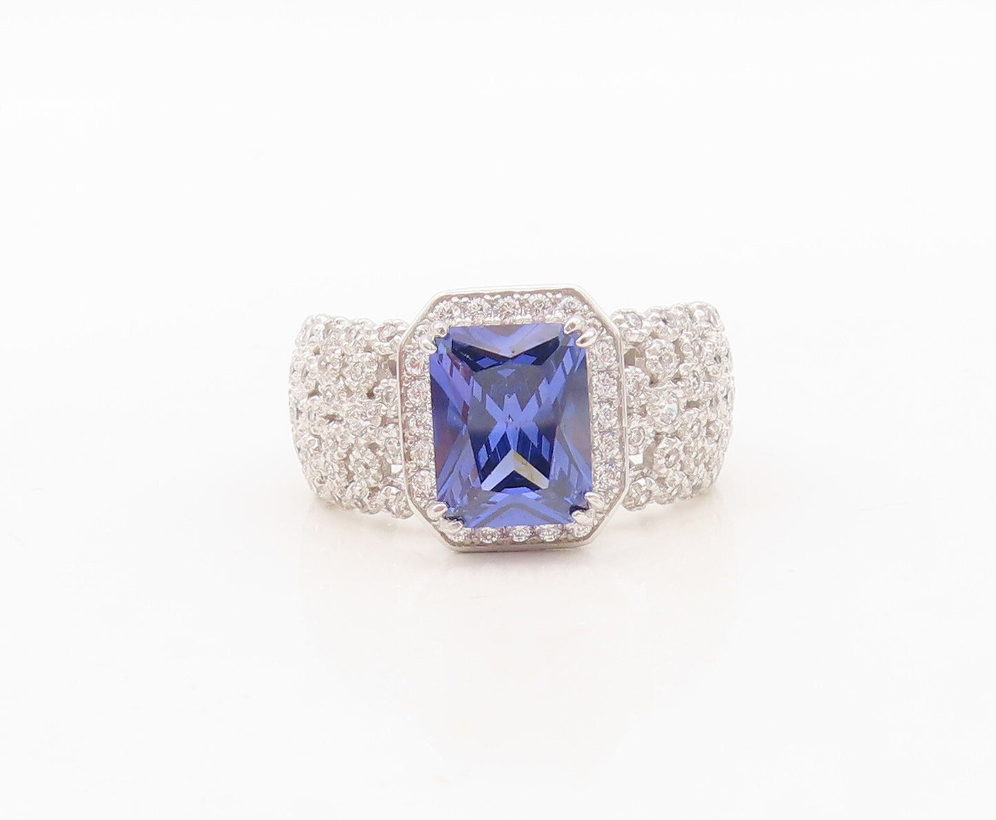 925 Sterling Silver Vintage Ring Square Cut Sapphire & CZ Band  Sz 7  RG30419