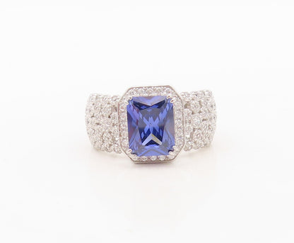 925 Sterling Silver Vintage Ring Square Cut Sapphire & CZ Band  Sz 7  RG30419