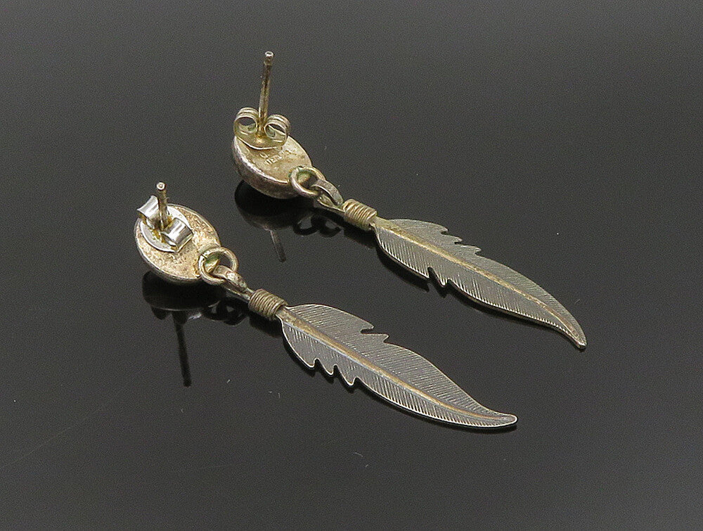 925 Sterling Silver Vintage Cabochon Cut Agate Feather Dangle Earrings EG11602