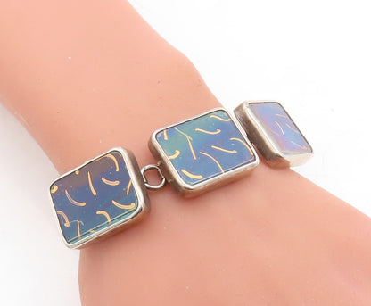 925 Sterling Silver  Vintage Enamel Art Square Link Chain Bracelet  BT1660