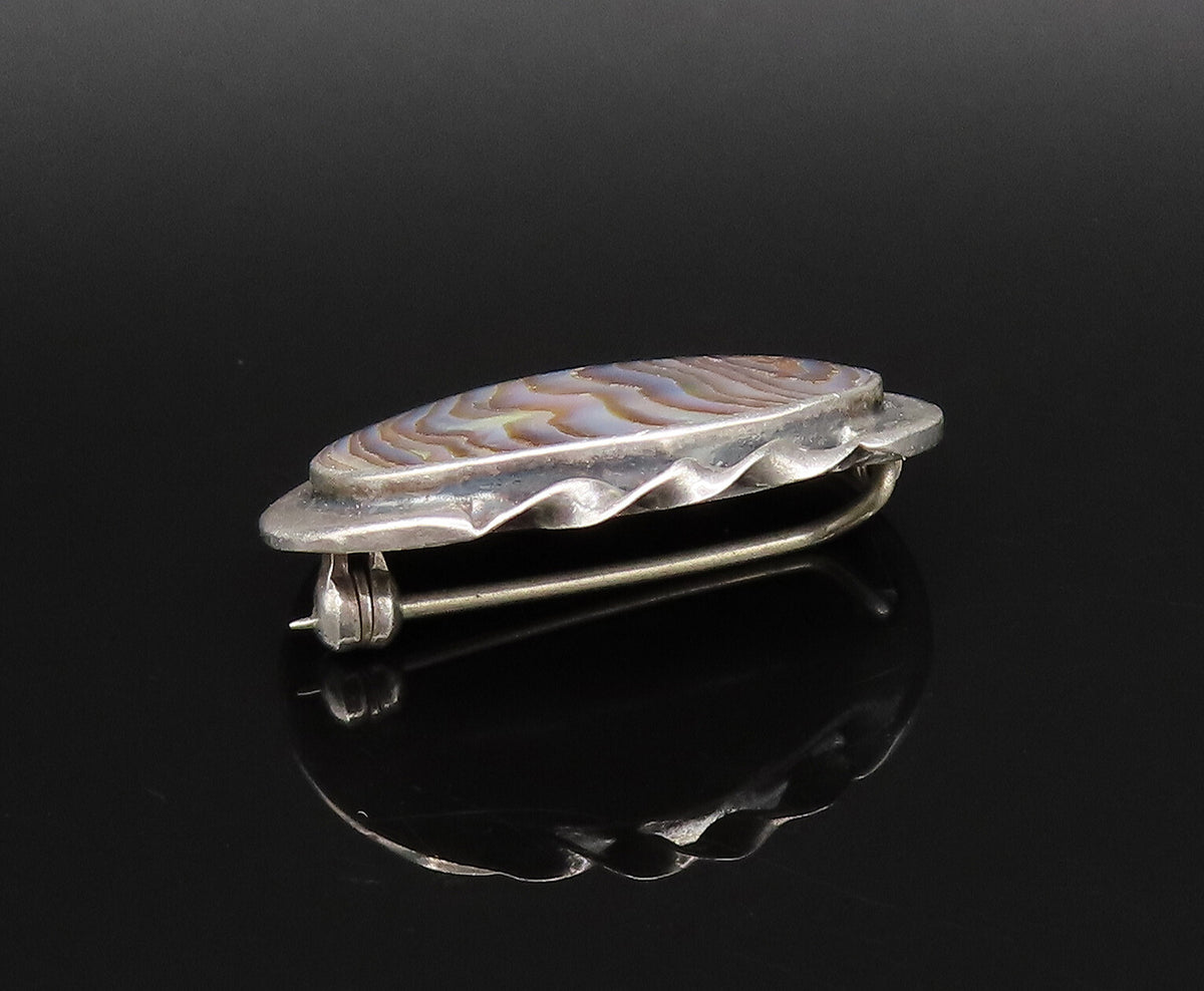 925 Sterling Silver  Vintage Twisted Edge Oval Abalone Brooch Pin  BP9846