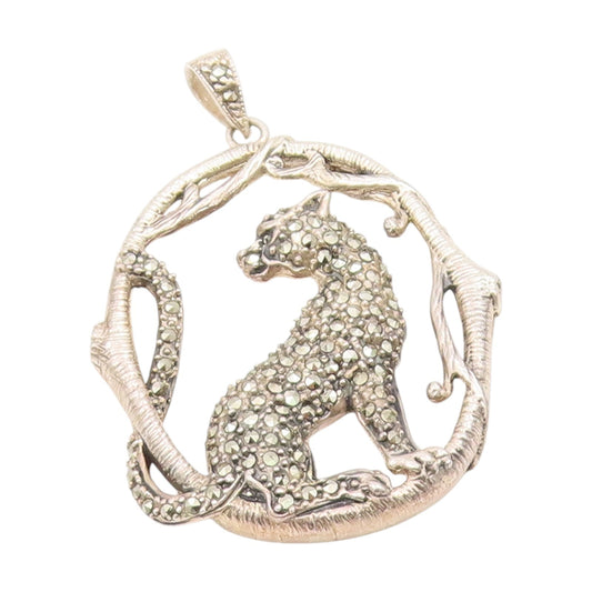 925 Sterling Silver Vintage Pendant Marcasite Wild Jungle Leopard Locket PT25571