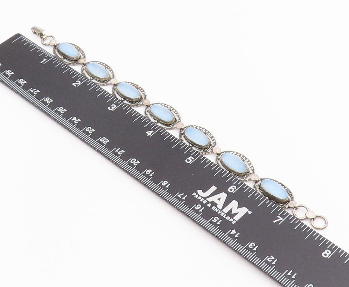 925 Sterling Silver Vintage Bracelet BEAU Antique Cabochon Cat Eye Link  BT11515