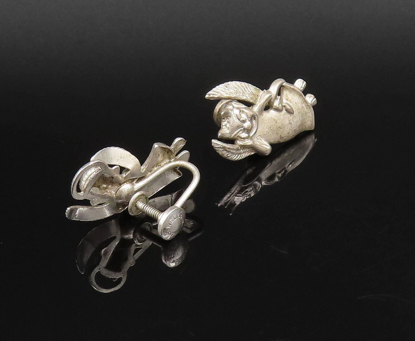 925 Sterling Silver Vintage Praying Angel Evil Devil Screw Back Earrings EG12160