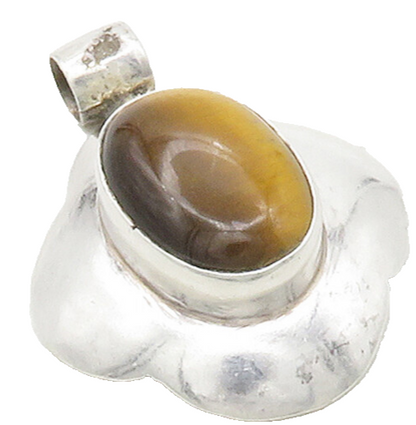 925 Sterling Silver  Vintage Cabochon Cut Tiger's Eye Shiny Pendant  PT9964