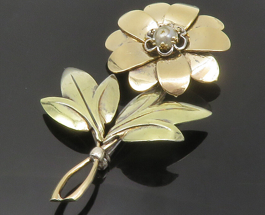 SYMMETALLIC 925 Silver & 14K GOLD  Vintage Pearl Flower Brooch Pin  BP5409