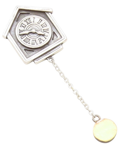 925 Sterling Silver Vintage Brooch Carved House Pendulum Wall Clock  BP11682