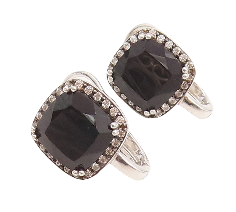 925 Sterling Silver Vintage Earrings Square Cut Onyx Halo CZ Farme  EG13107
