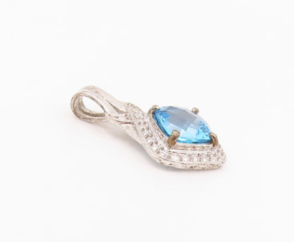 925 Sterling Silver Vintage Pendant Square Cut Blue Halo White Topaz   PT24265
