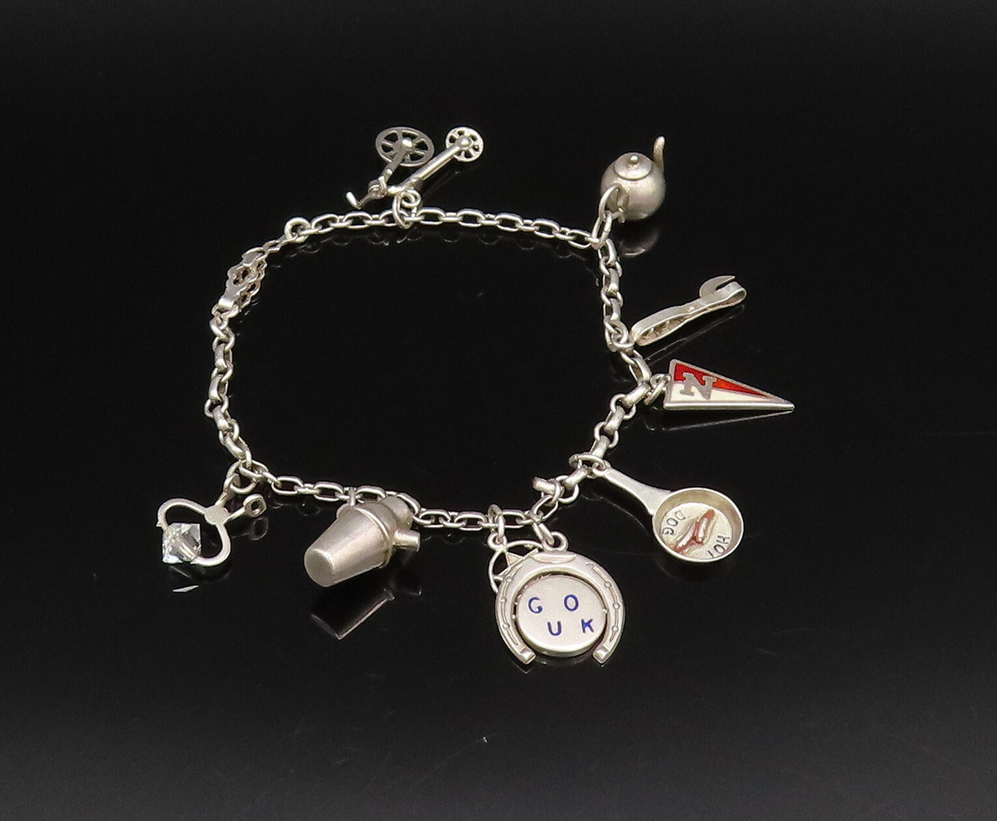 925 Silver  Vintage Hot Dog Pan Crystal Quartz & Multi Charm Bracelet  BT9667