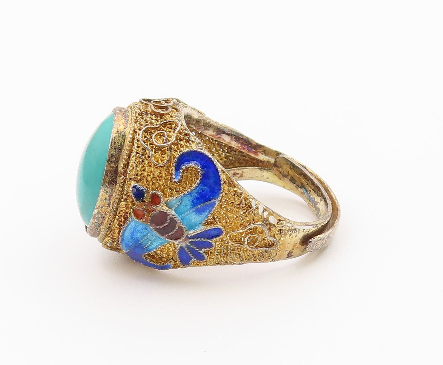 925 Sterling Silver Vintage Ring CHINESE EXPORT Turquoise Filigree Sz 8 RG36599