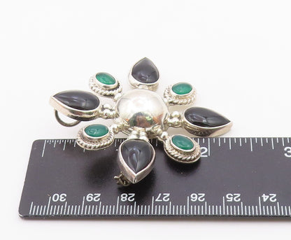 MEXICO 925 Silver  Vintage Black Onyx & Carnelian Floral Brooch Pin  BP5075