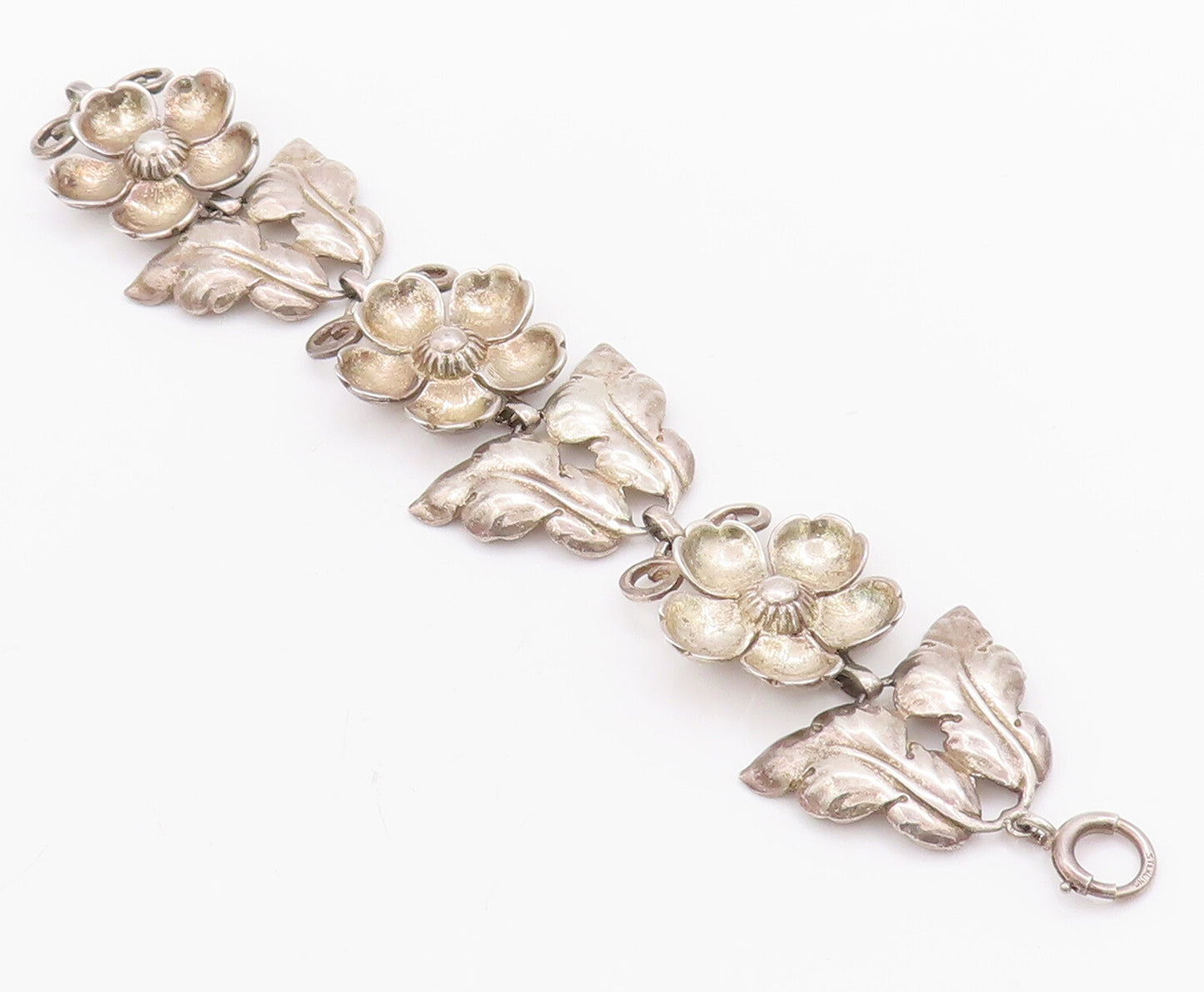 925 Sterling Silver Vintage Bracelet BAUR Solid Carved Flower & Leaves  BT10345