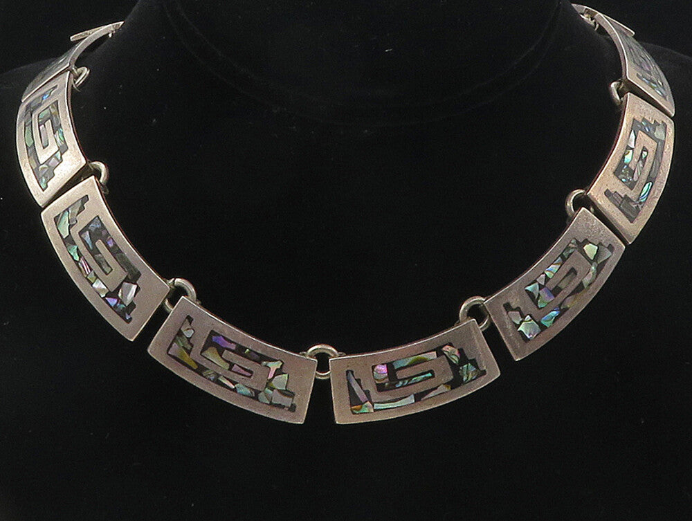 MEXICO 925 Sterling Silver  Vintage Abalone Greek Key Chain Necklace  NE1969