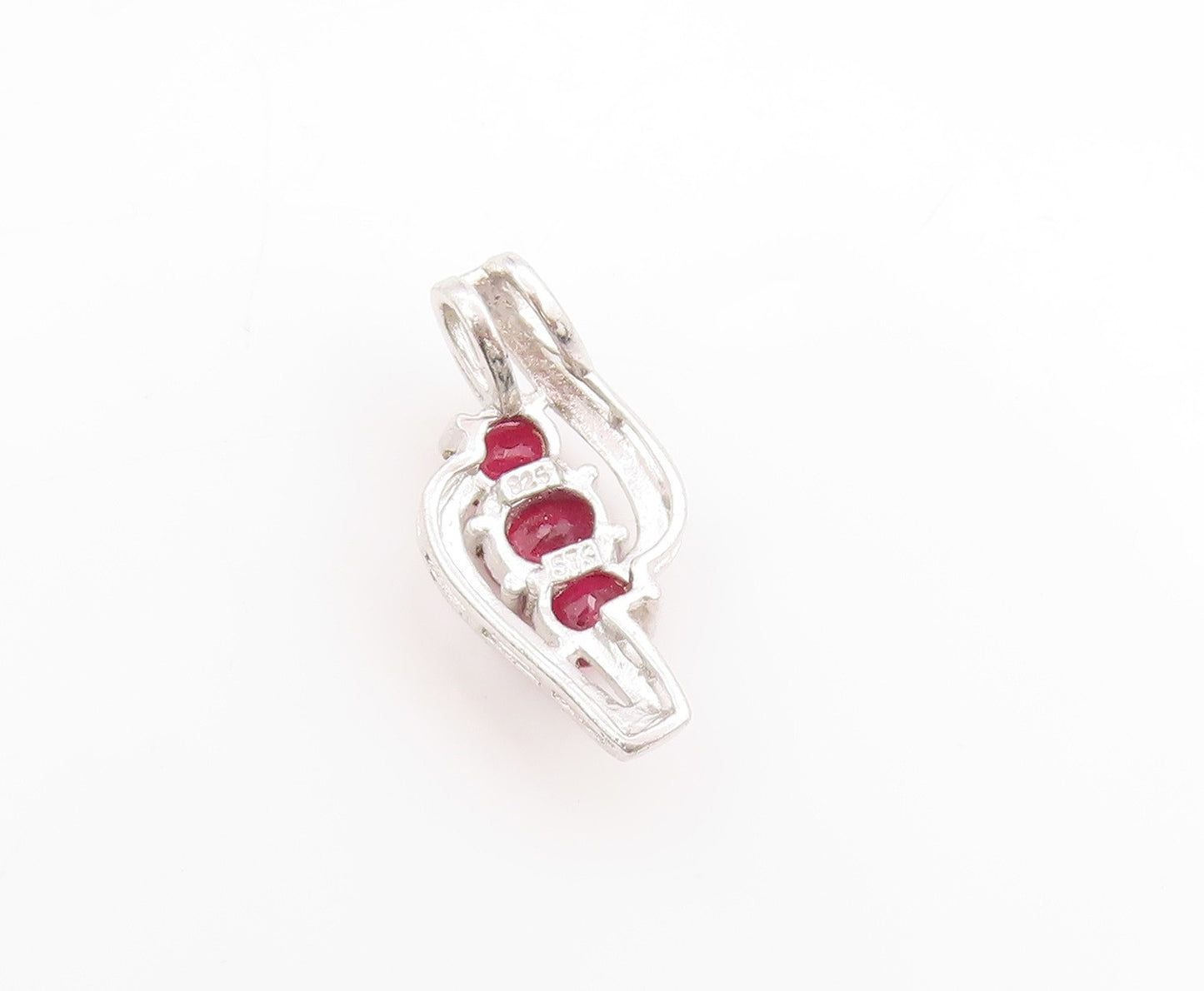 925 Sterling Silver Vintage Pendant Modernist Three Stone Ruby Charm  PT25035