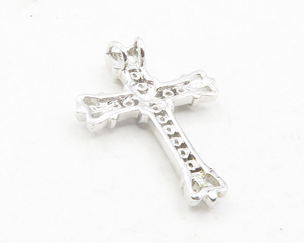 925 Sterling Silver  Shiny White Topaz Crowned Religious Cross Pendant  PT9678