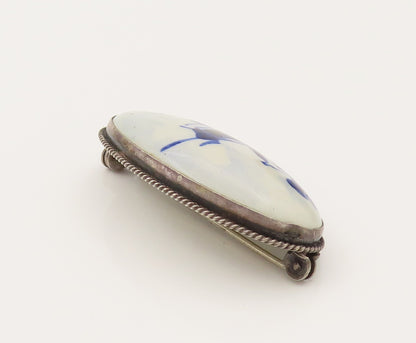 HOLLAND 925 Silver Vintage Delft Blue Porcelain Scenery Brooch Pin  BP10273