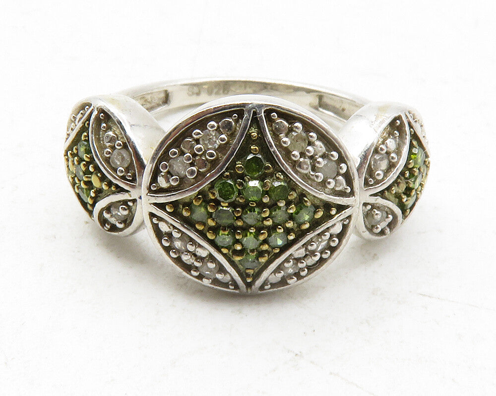 925 Sterling Silver  Genuine Green White Diamonds Band Ring Sz 6  RG12504